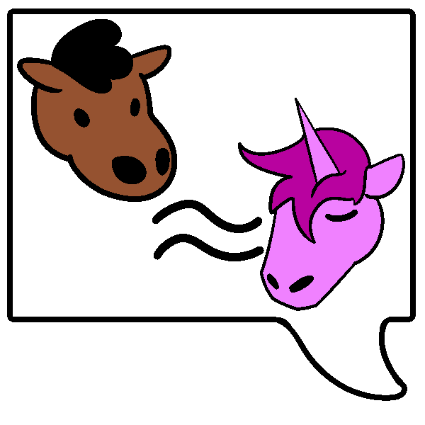 A horse and a unicorn with a wavy equals sign between them in a speech bubble.